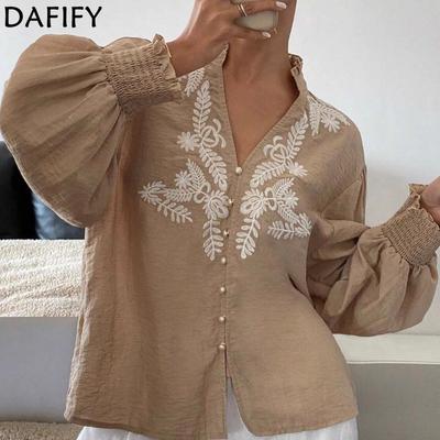 Women's Fashion Casual Spring Autumn Flower Pattern Print Long Sleeve V-Neck Blouses & Shirts