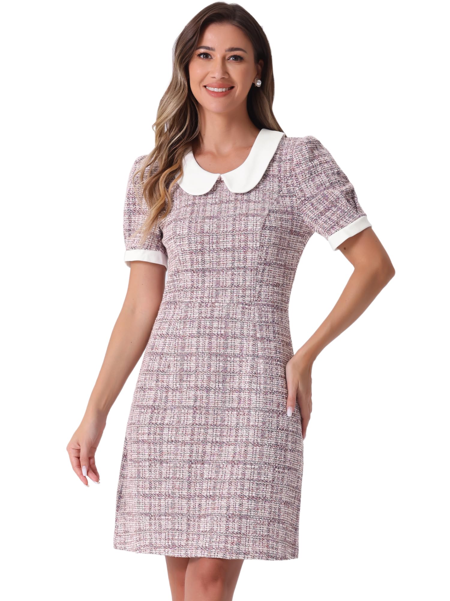 

Allegra K Women s Tweed Dress, Peter Pan Collar, Puff Sleeves, A-Line, Mini Dress, Pink, Size L