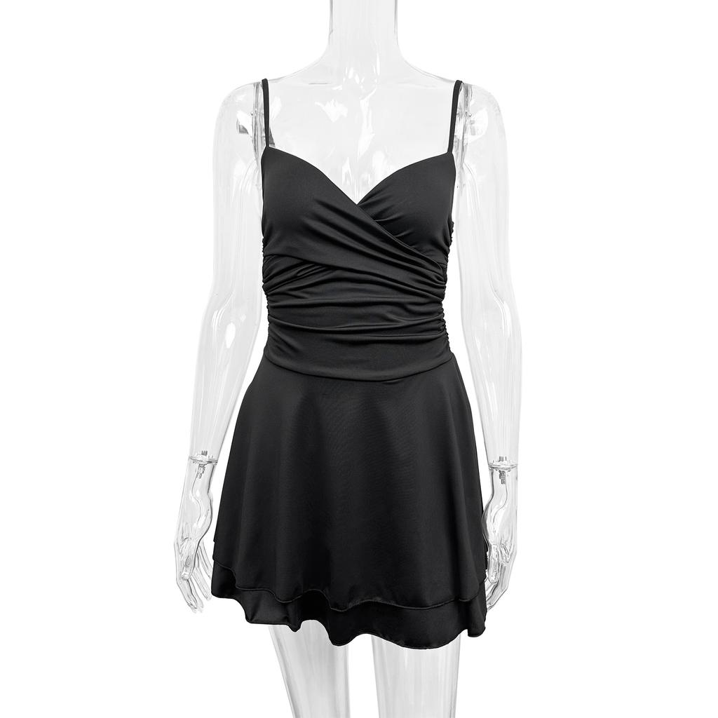 Women's Tube Top Suspender Skirt European and American Sexy Deep V-neck Halter Pleated Hip-wrapped Dress