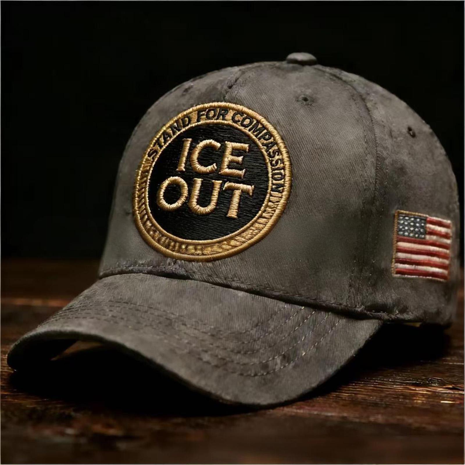 

ICE Out Embroidered Baseball Cap Stand For Compassion Kindness Vintage Distressed Hat With American Flag Detail One Size