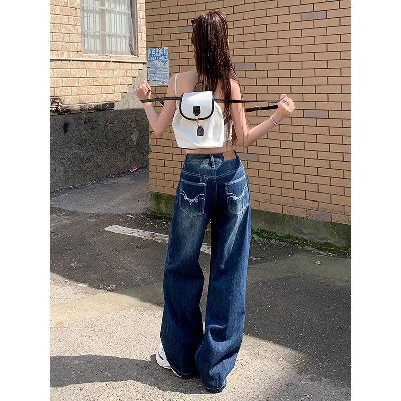 Women's Retro Dark Blue Embroidered Wide-Leg High-Waisted Jeans, 2025 Autumn Collection, Loose Slimming Floor-Length Trousers