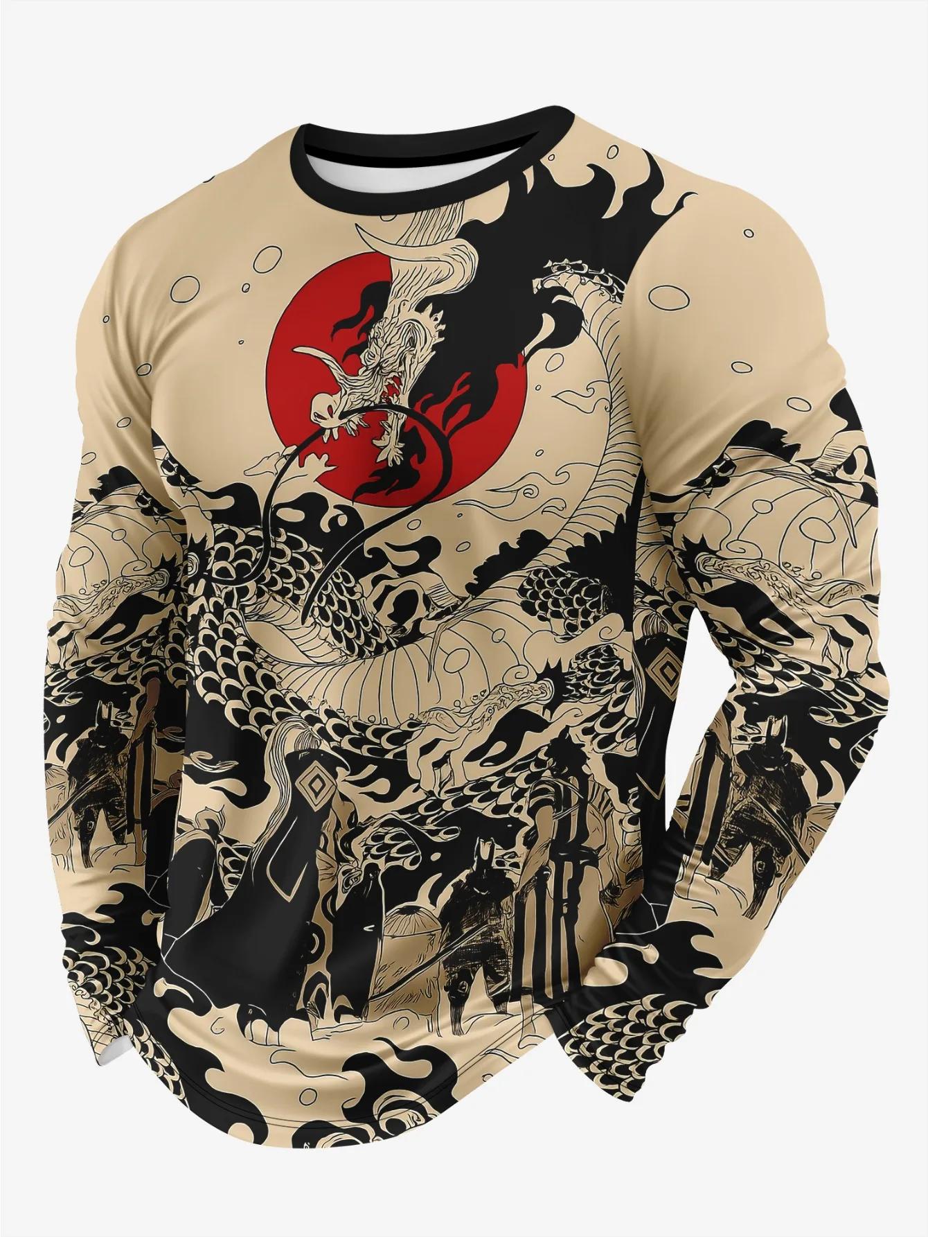

Men s Samurai and Dragon 3D Printed T-shirt Breathable Long-sleeved Round-neck Casual Shirt Streetwear Y2K Base Layer for Autumn 6XL