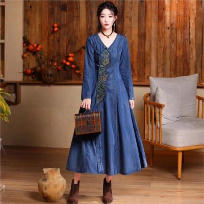 Frau Frühling Chinesischen Stil Schnalle Verbessern Vintage Stickerei Baumwolle Lange Ärmeln A-linie Kleid
