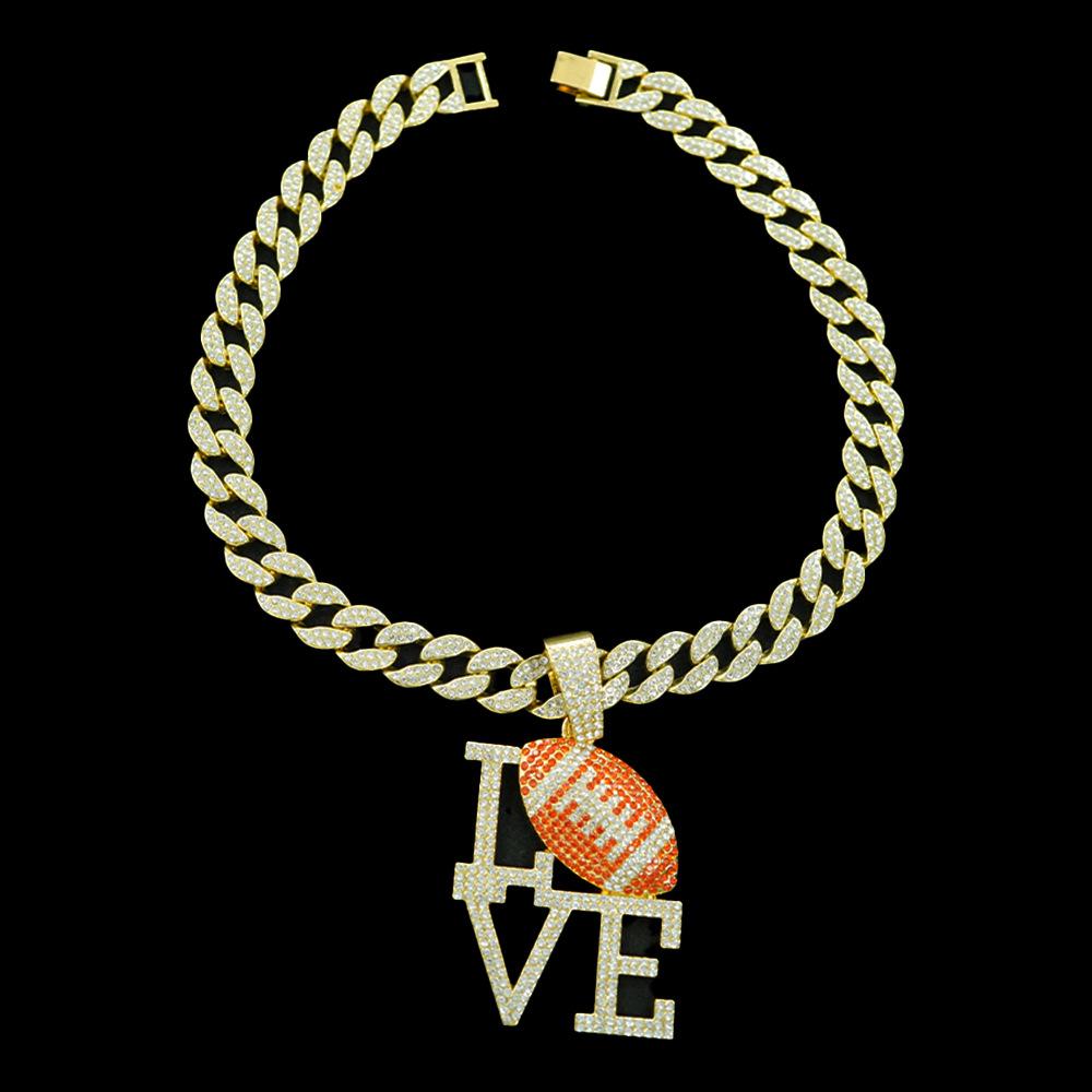 Fashionable Men's Colorful Diamond LOVE Rugby Alloy Pendant, European and American Hip-hop Men's Necklace, Personalized and Colorful