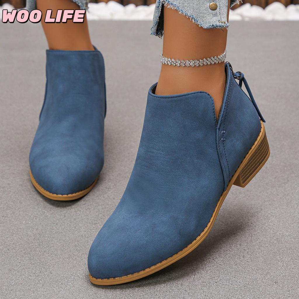 Pointed Rear Zipper Short-tube Martin Boots Women's Plus Size Leather Boots Solid Color Thin Thick-heeled Leather Ankle Boots
