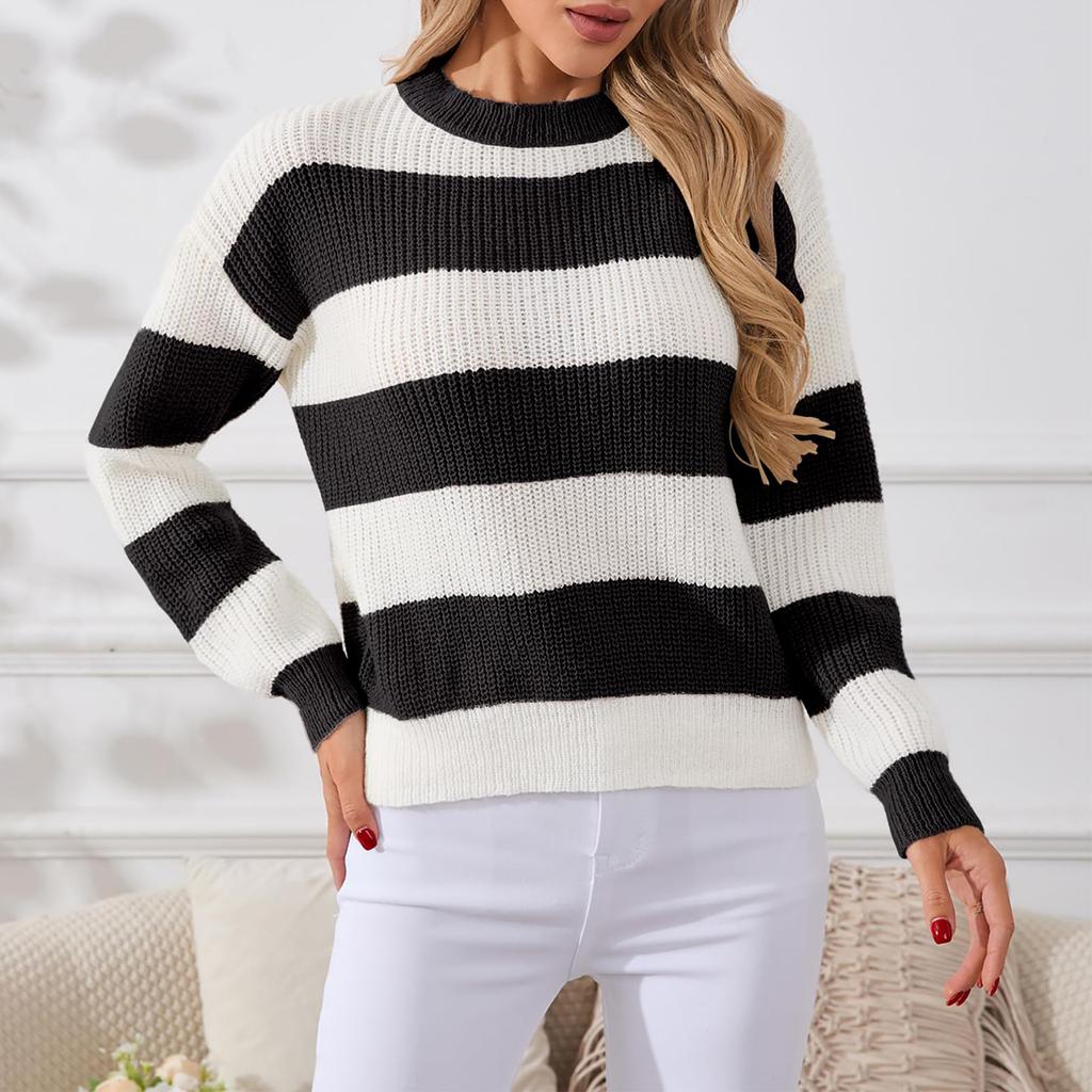 Pulover cu dungi pentru femei, larg și relaxat, pulover cu mâneci lungi, top tricotat cu gât rotund