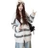 Large size autumn and winter new contrasting striped hooded long-sleeved knitted cardigan lazy wind medium and long women's sweater