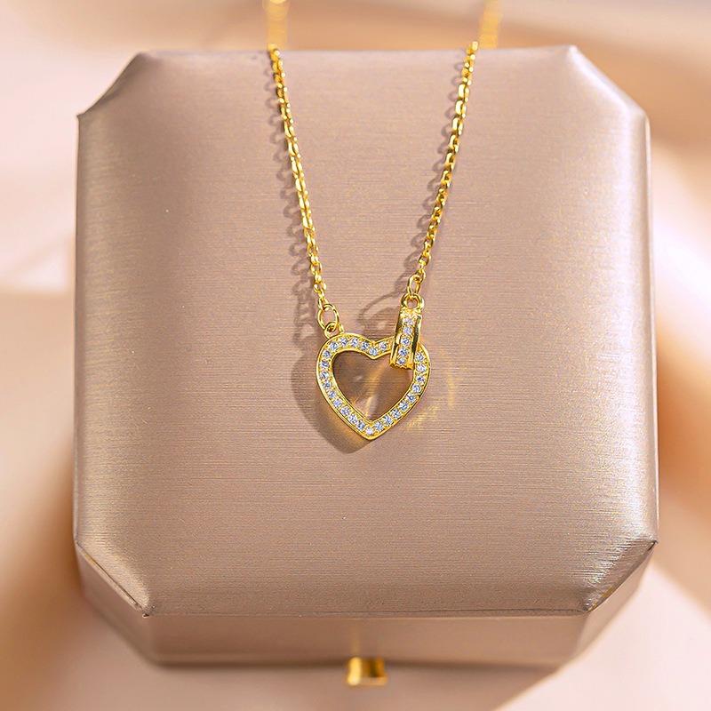 Korean Japanese Style Rhinestone Heart Double Ring Titanium Steel Clavicle Necklace For Women