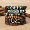 Retro European & American Men's Bracelet Set: Heart, Sunflower, Feather, Multi-Layer Design, 6-Piece