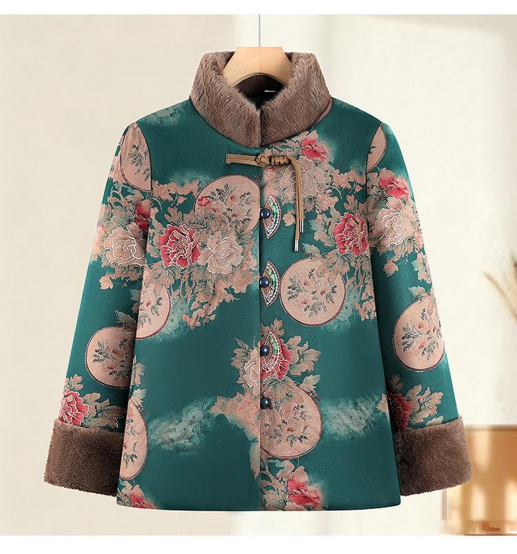 

Grandma s Winter Tang Suit: Plush Velvet-Enhanced, Warm National Style Jacket for Middle-Aged & Elderly 3XL (120-135 jin) зелений