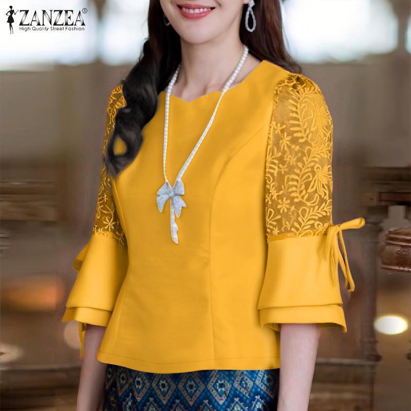 

ZANZEA Women Casual Round Neck Lace Patchwork 3/4 Sleeve Summer Blouse S белый