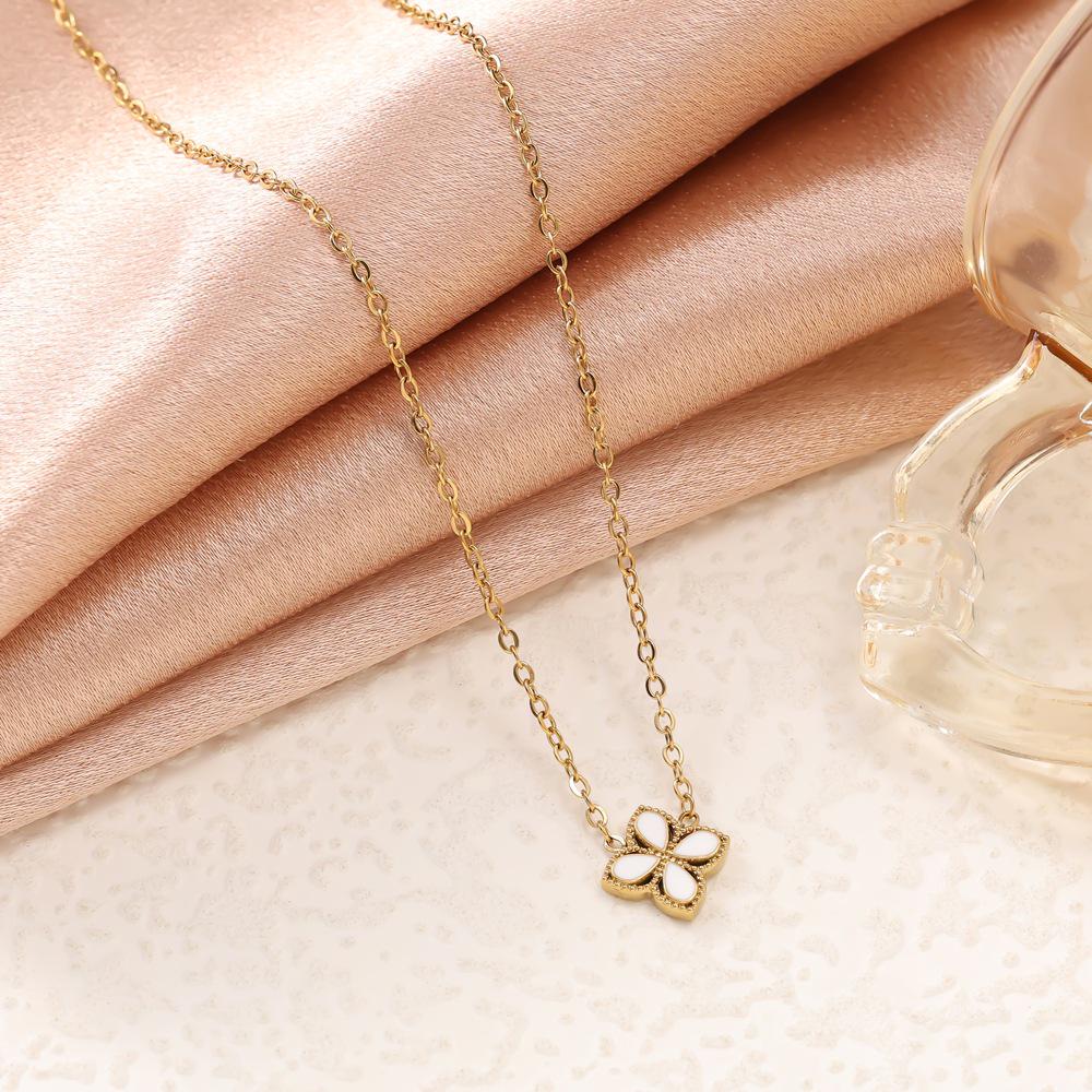 Colorful Four-Leaf Clover Titanium Steel Jewelry Set: Bracelet, Necklace & Stud Earrings