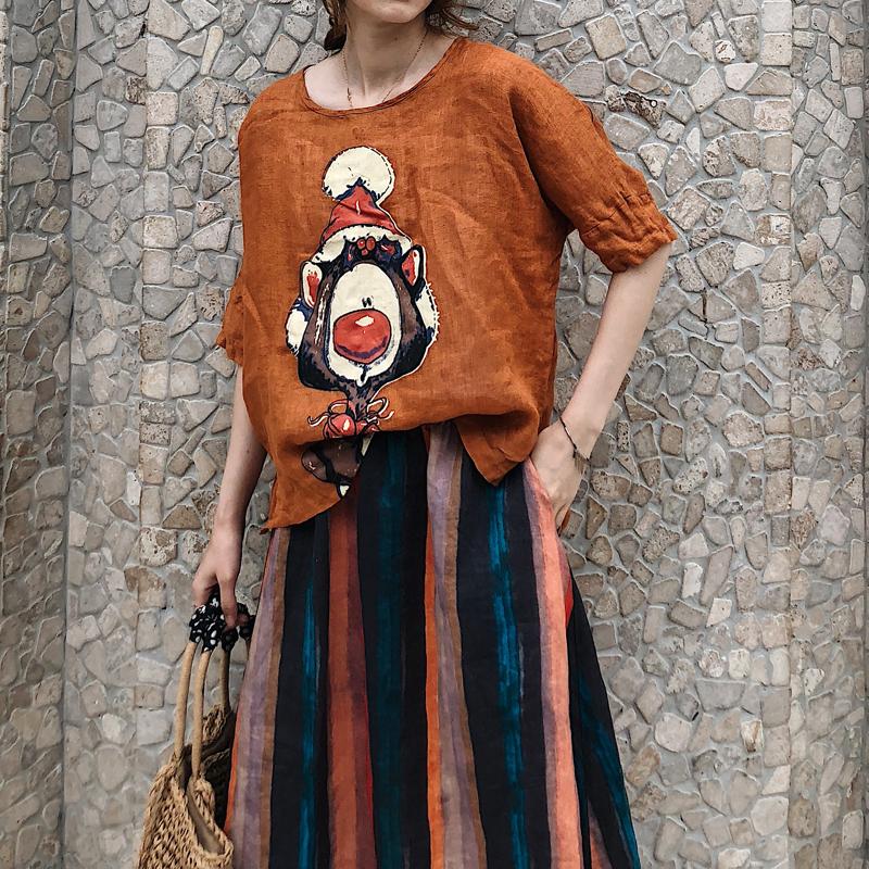 DIMANAF 2025 Women Summer Linen Bat T-shirt Shirt Printed Pattern Blouse Short Sleeve Fashion Tops Tees Loose Tees New