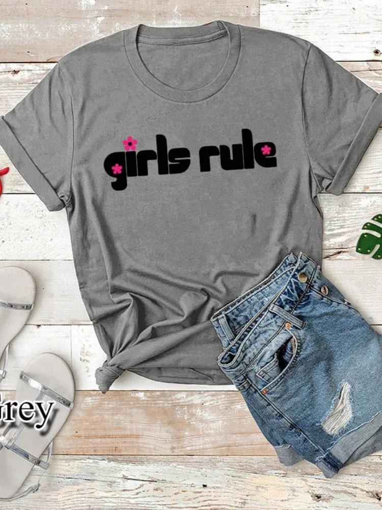 

GIRLS RULE Цветочный принт Женская футболка с коротким рукавом и круглым вырезом Свободная женская футболка Женская футболка Топы Camisetas Mujer S серый