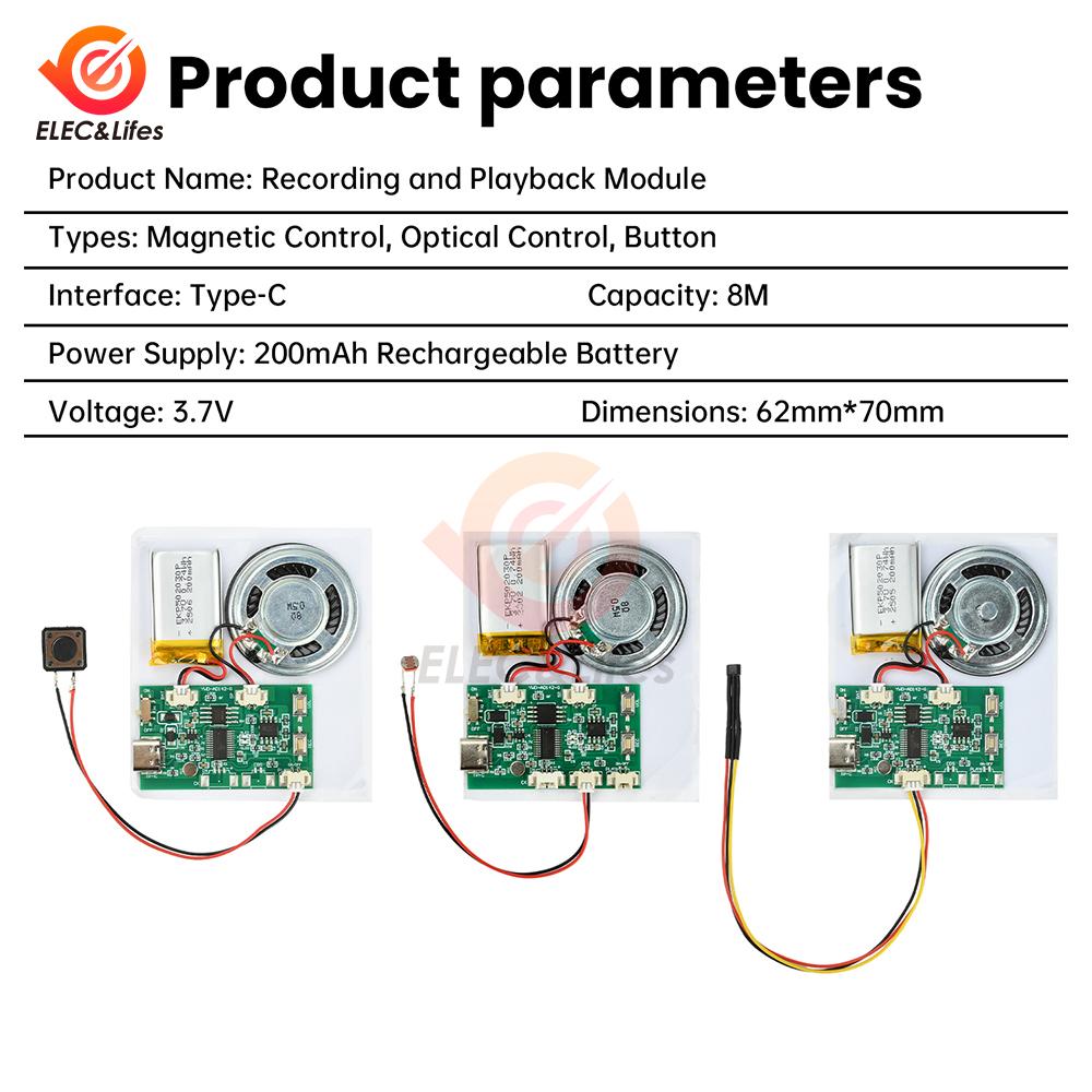 Type C Recordable Sound Module MP1 Button Control Music Voice Player Programmable Board with Speaker for DIY Greeting Card Gift
