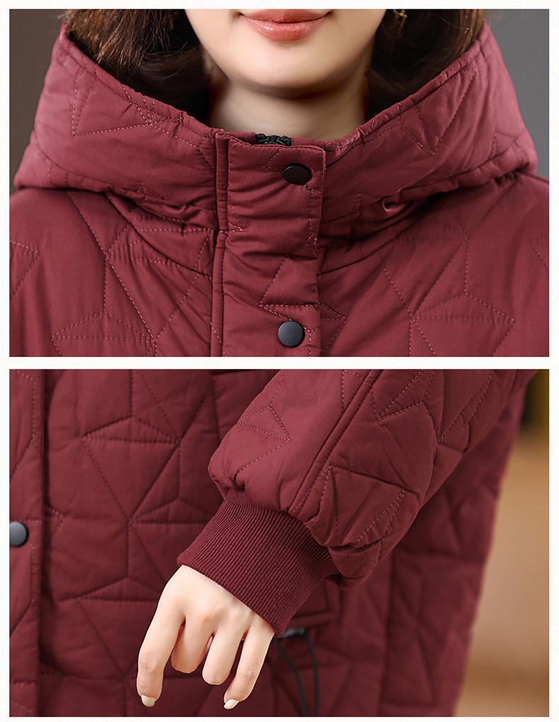 Geacă de bumbac cu glugă pentru femei, lungime medie (Plus Size) - Iarnă 2024 Casual, Cald, Croială Largă pentru Mame de Vârstă Mijlocie