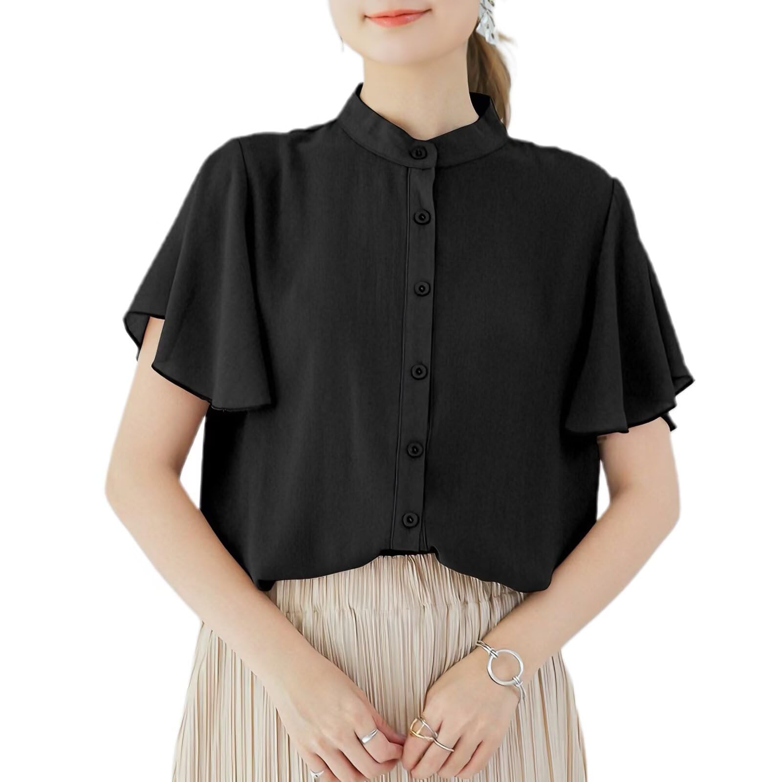 

Blouse for Short Sleeve Body Casual [Quiet Wave] Women, Shirt, Chiffon, Ruffled, Layered, Cute, Lightweight, Cool, Office, Covering, Top, Commuting, чёрный