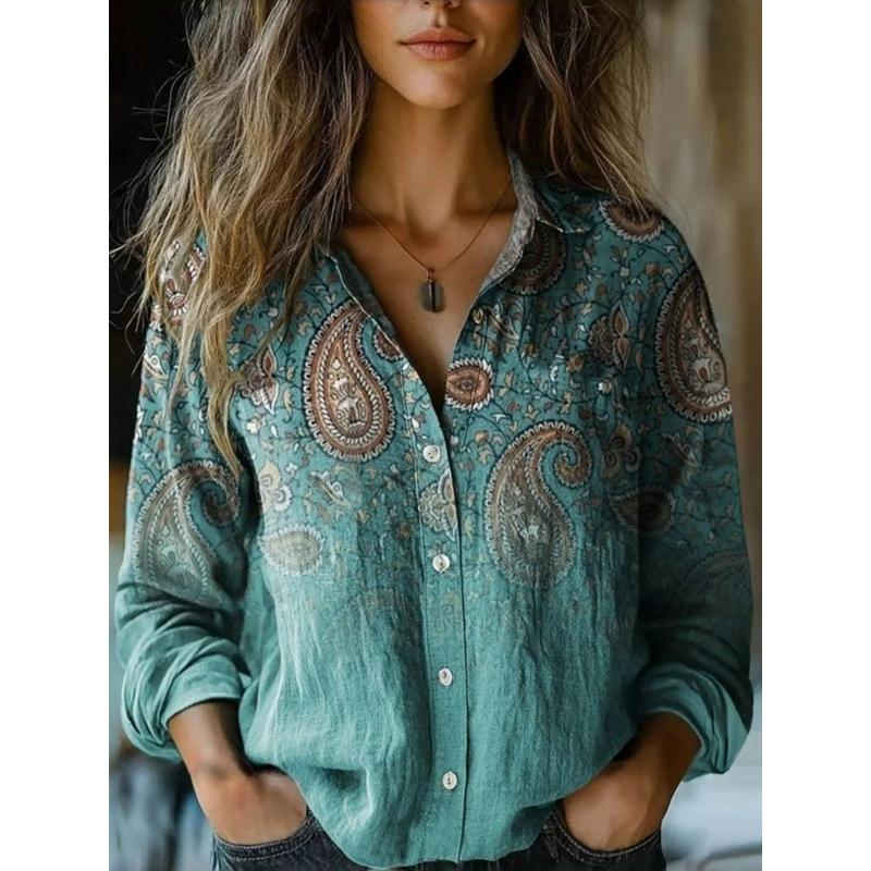 Damen Frühling und Sommer Retro Bedrucktes Langes Ärmel Casual Hemd Imitation Hemd