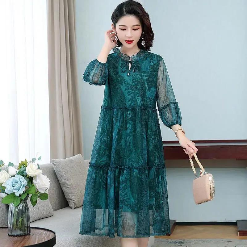 Damen Sommerkleid mit Fünfviertelärmeln und lockerem A-Linien-Rock im literarischen Stil
