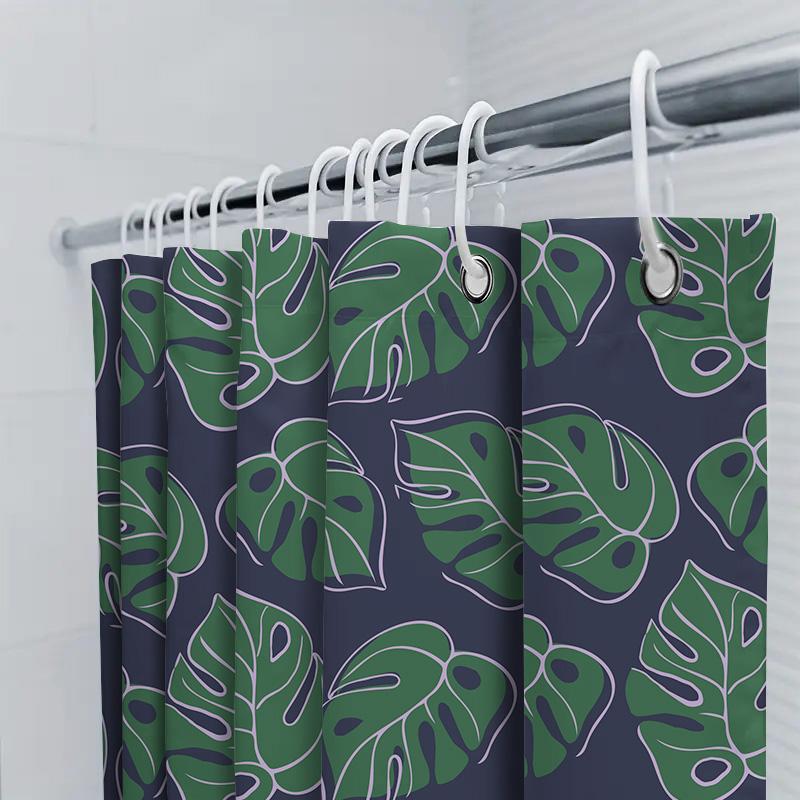 Modern Tropical Palm Leaves Shower Curtain Green Navy Blue Water-Resistant Fabric For Bathroom Decorations Easy Hanging Rod Incl