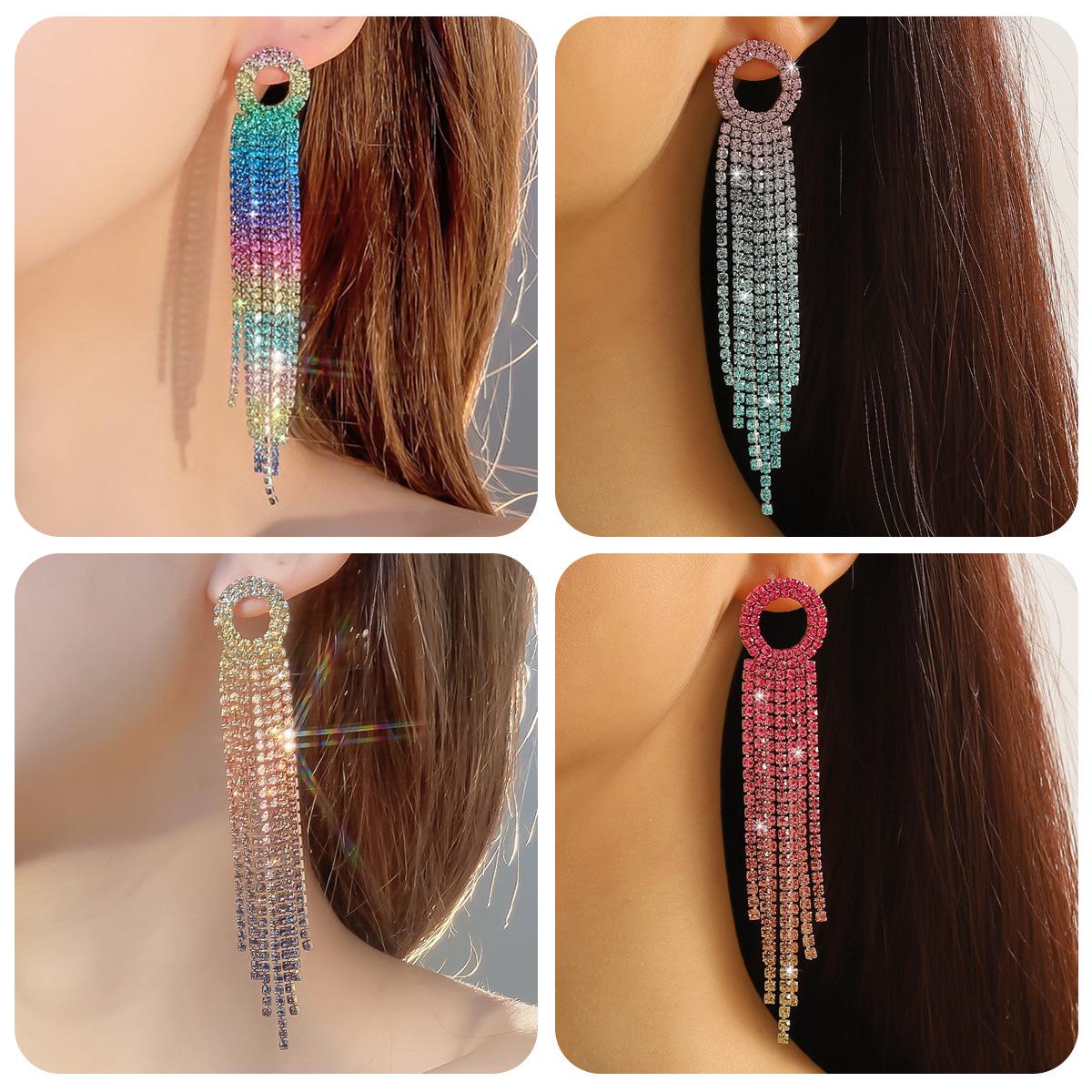 

Elegant Gradient Tassel Rhinestone Earrings for Weddings and Performances
