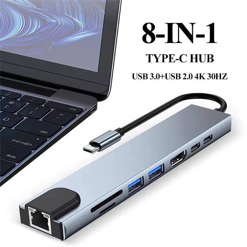 8-in-1 USB-C Hub Typ C Erweiterung HDMI-kompatibler Adapter Laptop-Konverter mit RJ45 SD-Kartenleser PD Schnelllader für Macbook