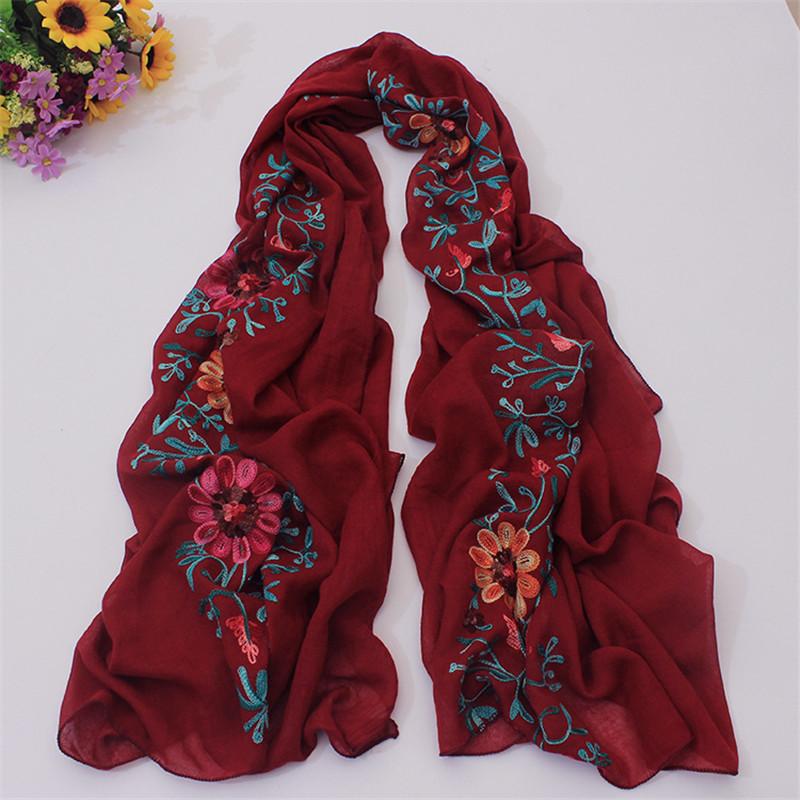 Women Cotton Viscose Shawl Plain Embroider Floral Turban Style Pashmina Wrap Thick Sun Protection Summer Soft Shawl 180*90Cm