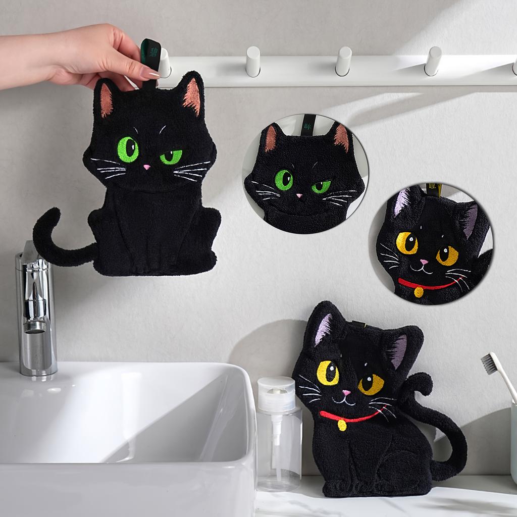 Black Cat Embroidered Hand Towel, Coral Fleece Super Absorbent Quick-Dry Hanging Bathroom and Kitchen Finger Towel
