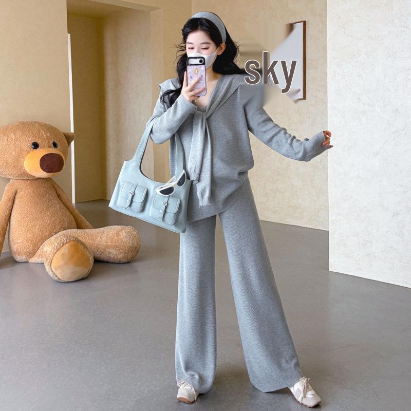 Spring 2026 Maternity Set: Korean Knit Waffle Sweatshirt, Wide-Leg Pants, and Shawl L