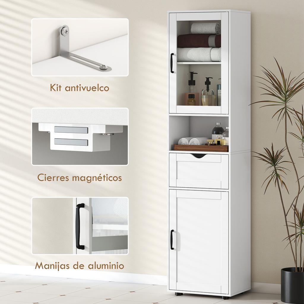 Narrow Bathroom Column with Glass Door Adjustable Shelves Drawer Open Shelf 40x30x165 Cm White