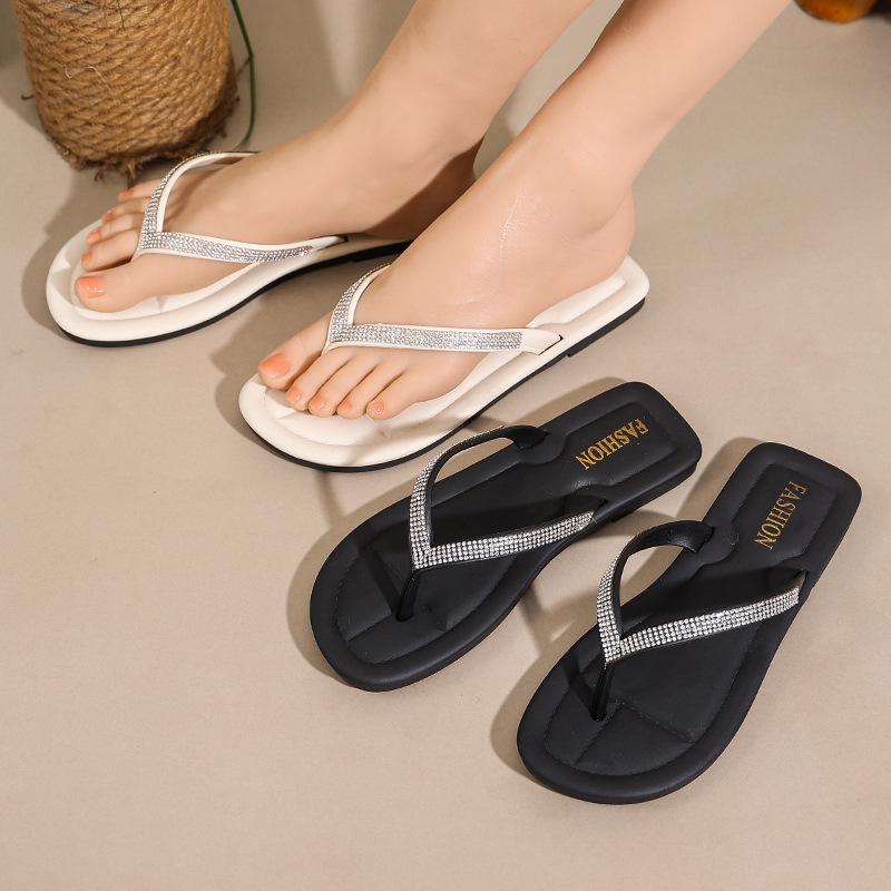 Damsommar Pärl Strass Flip-flops - Ny 2028 Rund Tå Halkfria Platta Svala Tofflor