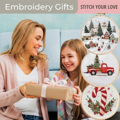 Christmas Embroidery Kit Xmas Themed Embroidery Pattern with Hoop Needles Threads DIY