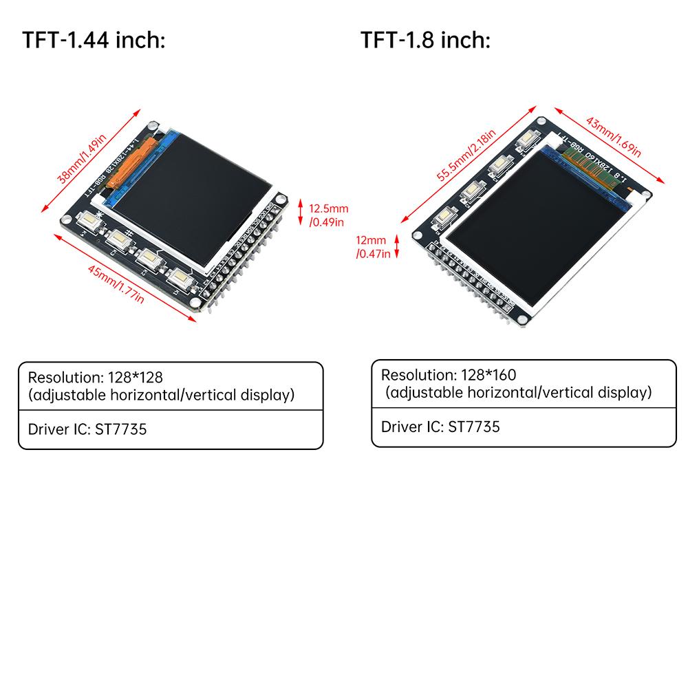 0.96/1.3/1.44/1.8-inch TFT IPS Color Screen LCD Display Module with 4 Buttons ST7735 / ST7789 Driver Interface SPI