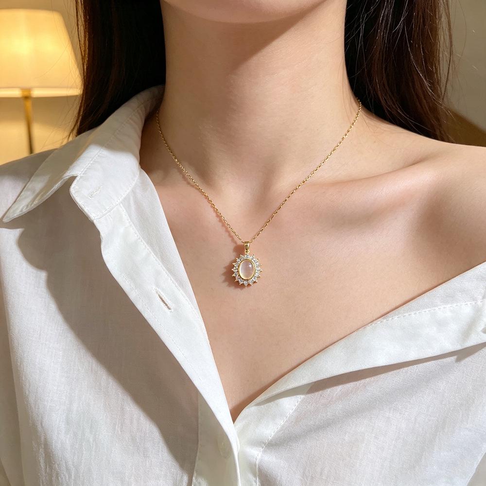 Elegant Cat's Eye Oval Flower Necklace with Zirconia Inlay - Titanium Steel Jewelry for Women