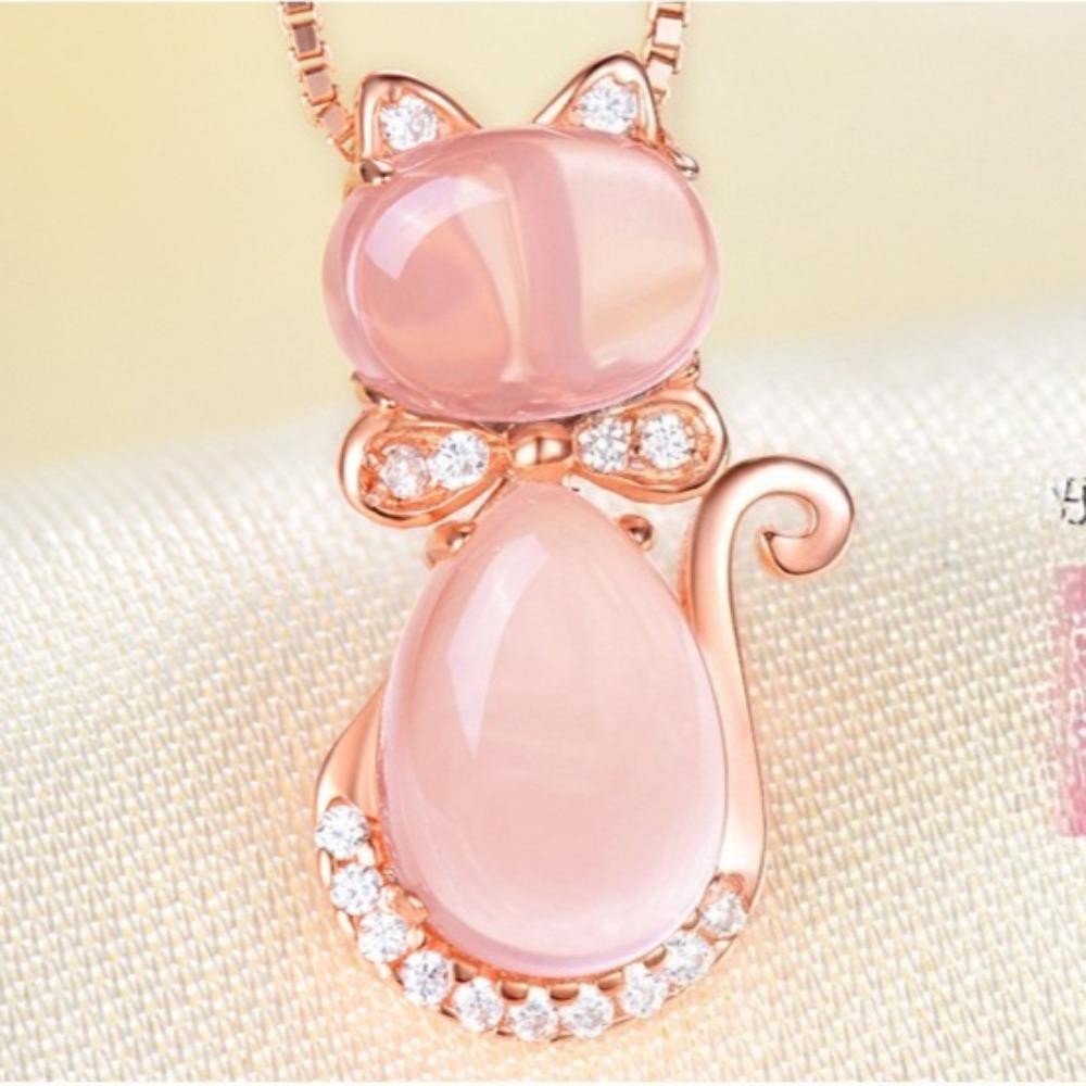 Rose Gold Plated Synthetic Morganite Cat Pendant Necklace for Women Elegant Collarbone Chain Jewelry
