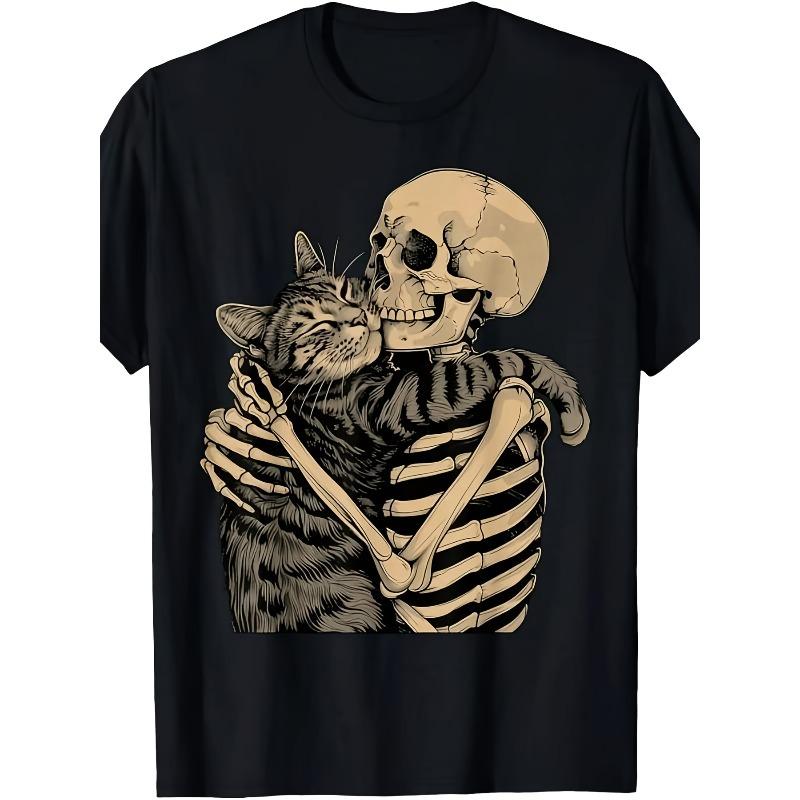 European Sizes Men's Skull Hugging Cat Graphic T Shirt, Slightly Stretchy Casual Short Sleeve Top For Cat Lovers, Halloween,