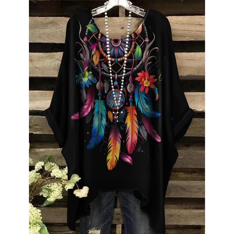 Women's T-Shirt Vintage Floral Pattern Printed Asymmetrical Hem O-Neck Short Sleeve Top Casual Fashion Street Outdoor Tops
