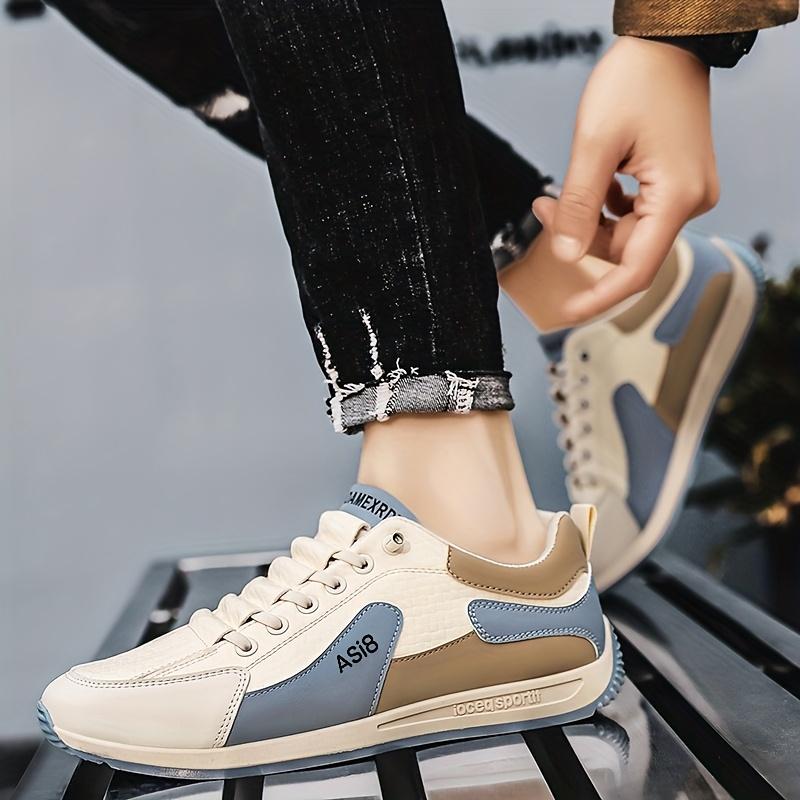 Men's Fashion Color Block Sneakers Casual Low-Top Lace-Up Shoes with Shock Absorption White/Brown/Orange Stripe Design, Ideal for All Seasons