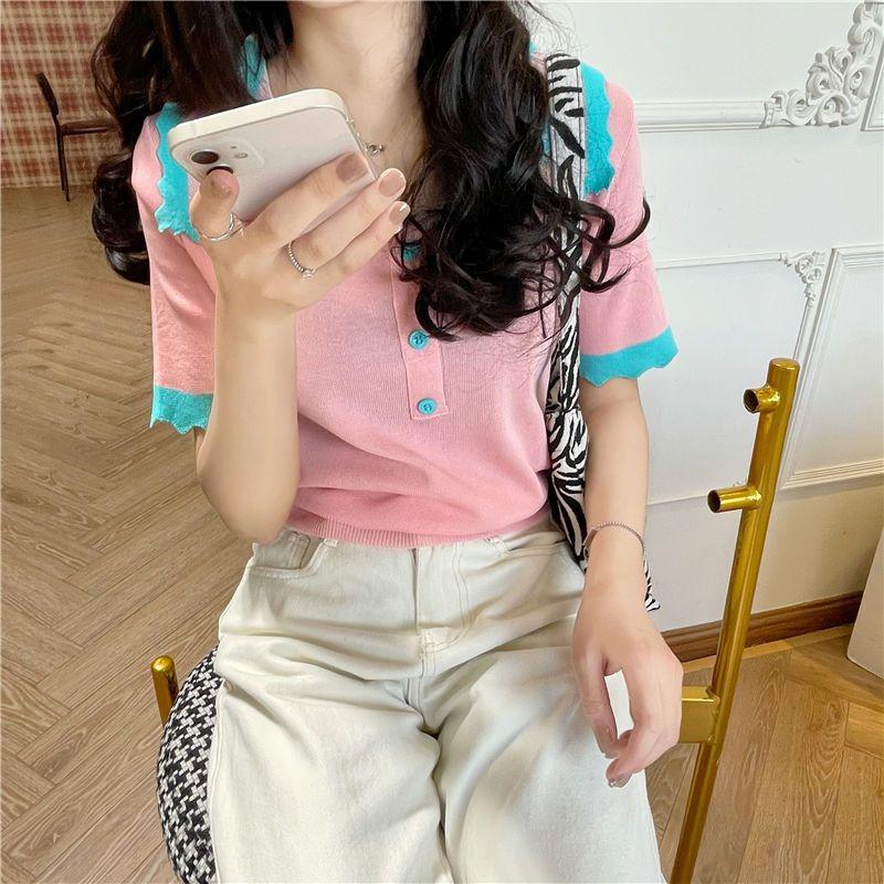 Chic Tops for Women's Summer T-shirt Thin New Trendy Contrasting Color Short Sleeve French Sweet Cool Short Knitted Shirt