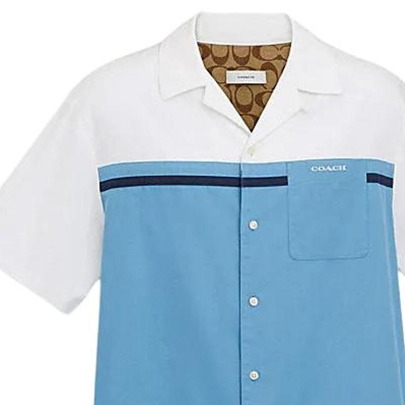 Coach SS24 Letter Logo Color Block Single-Breasted Short Sleeve Shirt Men shirts Blue CO811-BLM