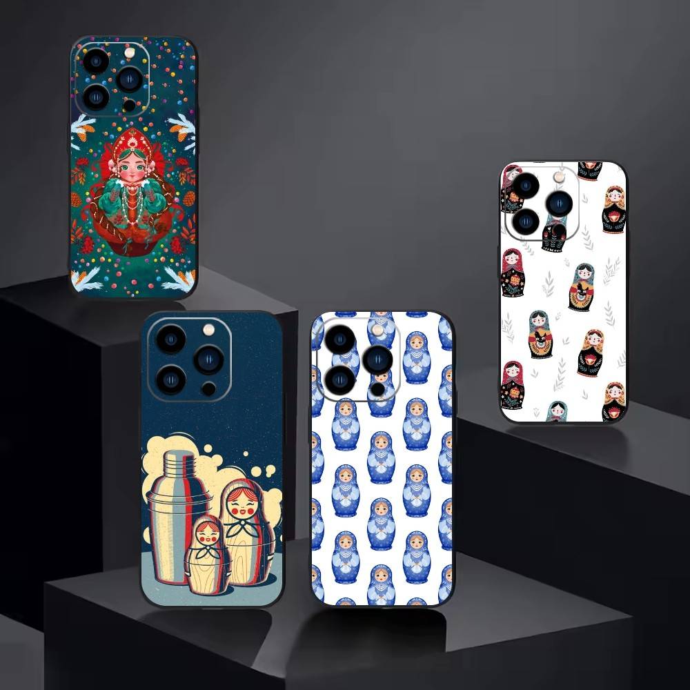 T-Russian Dolls Matryoshka Phone Case For iPhone17,16,15,14,13,12 Plus,Max Soft Silicone Black Cover