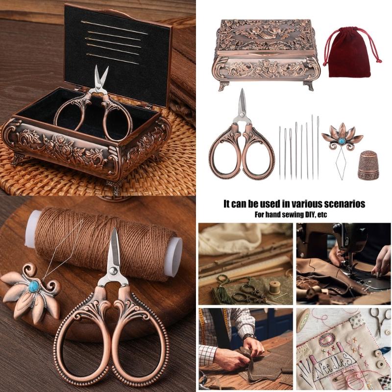 Vintage Magnetic Needle Box with Needle, Threader, Scissors and Thimble, Basic Sewing Repair Set for Professional Tailor