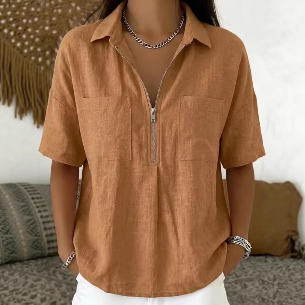 Women's Fashion Color Loose Collar Short Sleeve Casual Shirt V-neck Zipper Top