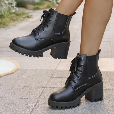 Mode Sexy Schnürstiefel mit hohem Absatz Damen Herbstmode Einfarbig Schwarz PU Runde Zehe Chelsea Boots Klobige Plateau Rutschfeste Schuhe