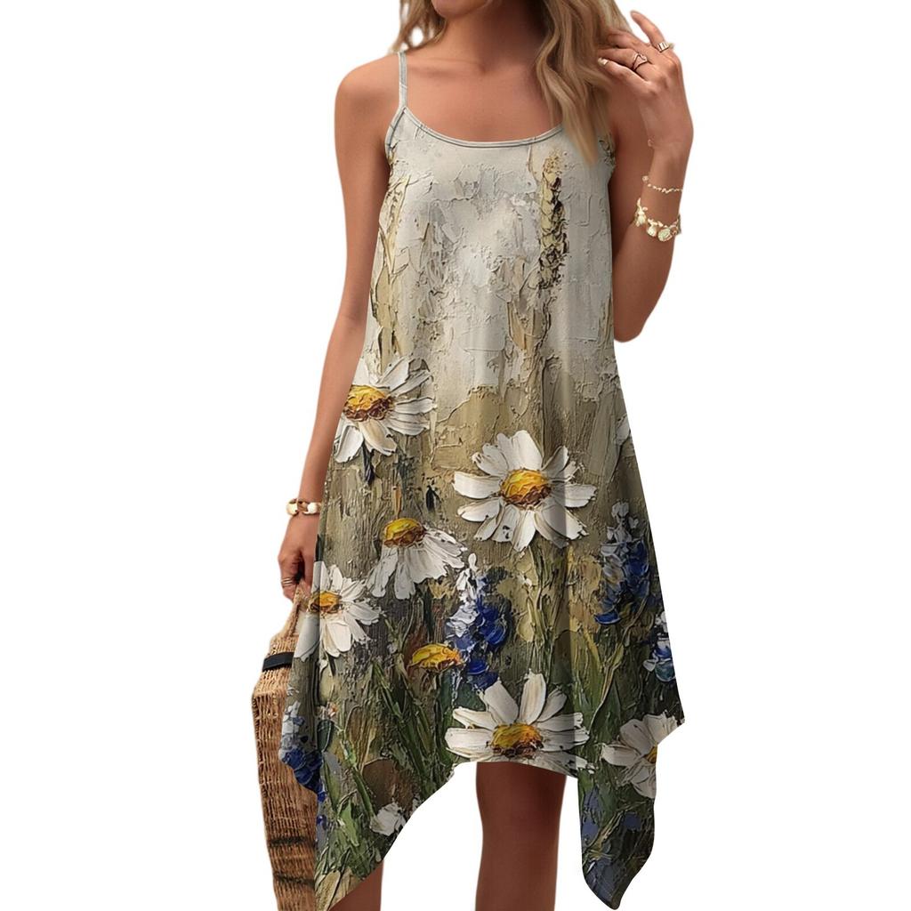 Dam sommar vardaglig vintage blommig tryck rund hals justerbar hängselklänning med fickor