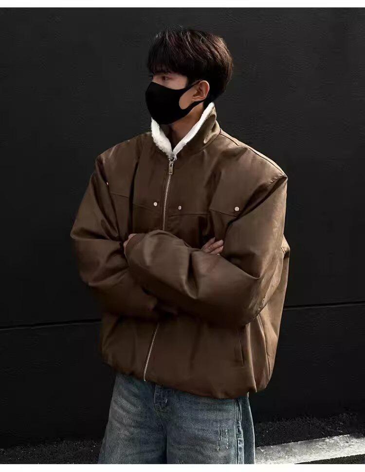 Men's Retro Tie-Dye Lamb Wool One-Piece Coat with Velvet Thickened, Turn-Down Collar, and Leather Accents