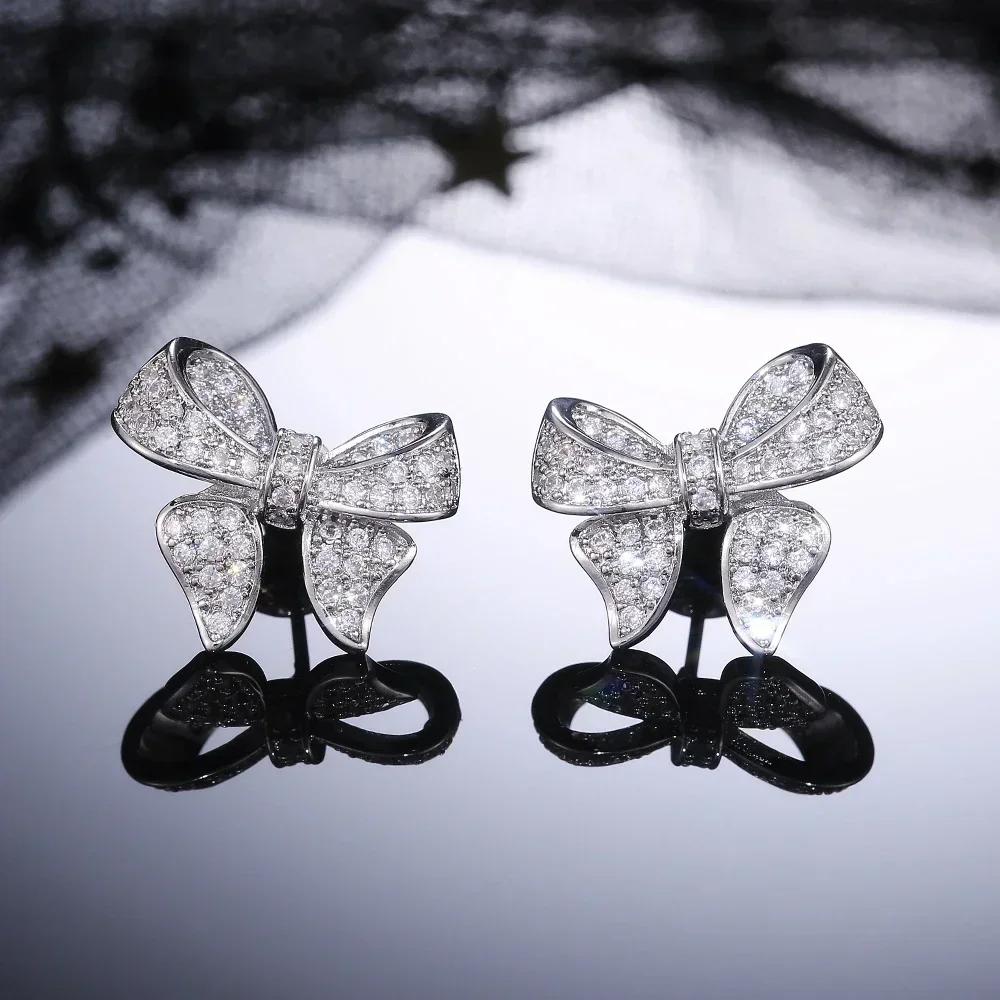 Romantic Bowknot Women Stud Earrings Full Paved Shiny Crystal Zircon Delicate Girl Accessories Fashion  Jewelry
