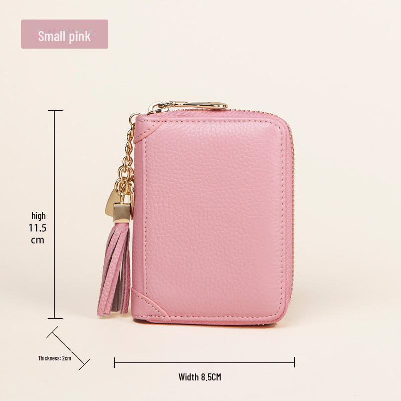 Women's RFID-Blocking Cowhide Card Holder with Zipper and Anti-Demagnetization for Credit Cards and Driver's License