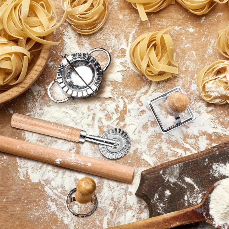 Wood Threaded Rolling Pin Pastas Tool Set Dough Scraper Gnocchi Board Dumpling Maker Ravioli Stamp Cutter Wood Texture