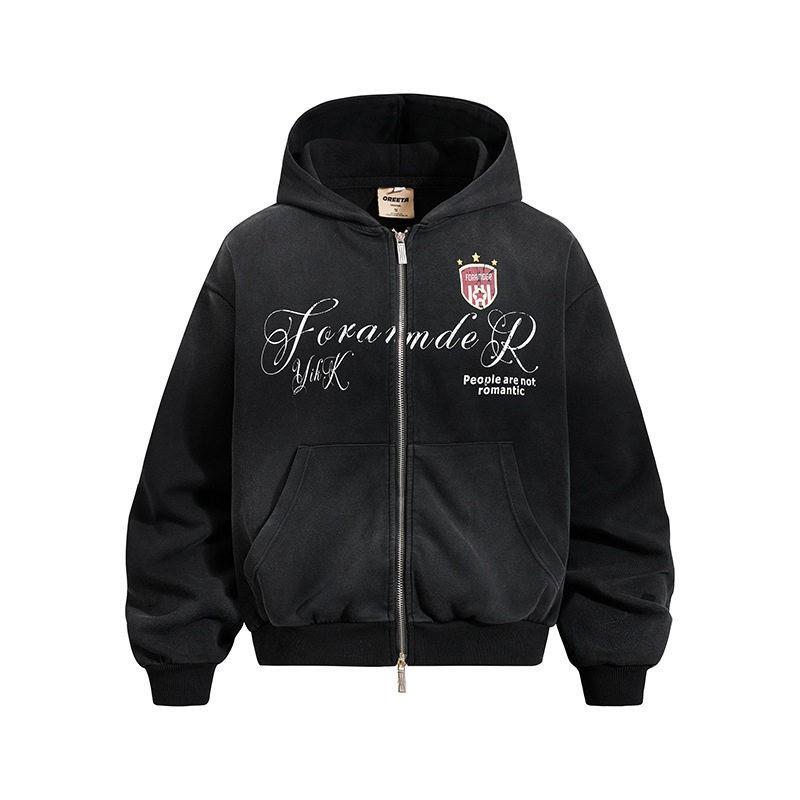 High Street American Letter Zip Hoodie 2026 Fall Casual Loose Fit Printed Sweatshirt Men